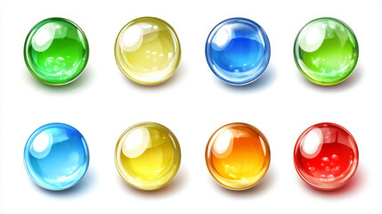Aufkleber - Glossy circle buttons and 3D round icons. Set of colored glass spheres isolated on a white background, including shiny blue, green, red, and yellow circle web buttons. Vector cartoon illustration.