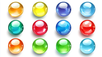 Aufkleber - Glossy circle buttons and 3D round icons. Set of colored glass spheres isolated on a white background, including shiny blue, green, red, and yellow circle web buttons. Vector cartoon illustration.