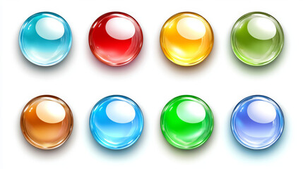 Aufkleber - Glossy circle buttons and 3D round icons. Set of colored glass spheres isolated on a white background, including shiny blue, green, red, and yellow circle web buttons. Vector cartoon illustration.