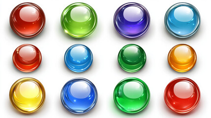 Aufkleber - Glossy circle buttons and 3D round icons. Set of colored glass spheres isolated on a white background, including shiny blue, green, red, and yellow circle web buttons. Vector cartoon illustration.