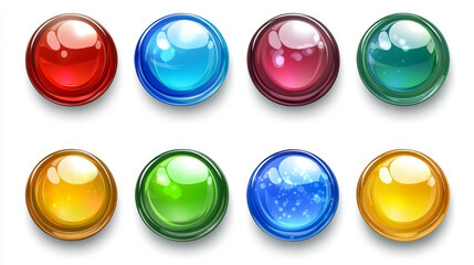 Aufkleber - Glossy circle buttons and 3D round icons. Set of colored glass spheres isolated on a white background, including shiny blue, green, red, and yellow circle web buttons. Vector cartoon illustration.