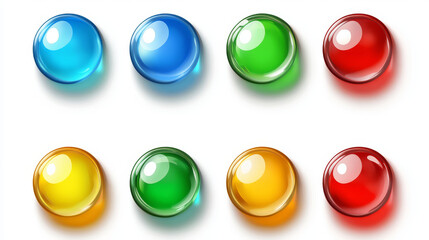 Aufkleber - Glossy circle buttons and 3D round icons. Set of colored glass spheres isolated on a white background, including shiny blue, green, red, and yellow circle web buttons. Vector cartoon illustration.