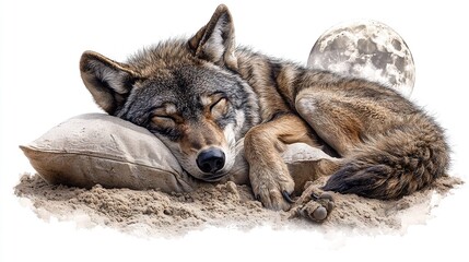 Wall Mural -   A wolf sleeps on a pillow with a full moon in the background behind it