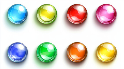 Aufkleber - Glossy circle buttons and 3D round icons. Set of colored glass spheres isolated on a white background, including shiny blue, green, red, and yellow circle web buttons. Vector cartoon illustration.