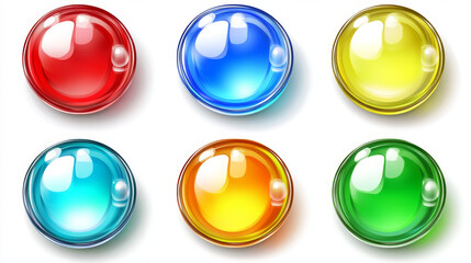 Aufkleber - Glossy circle buttons and 3D round icons. Set of colored glass spheres isolated on a white background, including shiny blue, green, red, and yellow circle web buttons. Vector cartoon illustration.