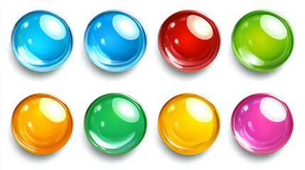 Aufkleber - Glossy circle buttons and 3D round icons. Set of colored glass spheres isolated on a white background, including shiny blue, green, red, and yellow circle web buttons. Vector cartoon illustration.