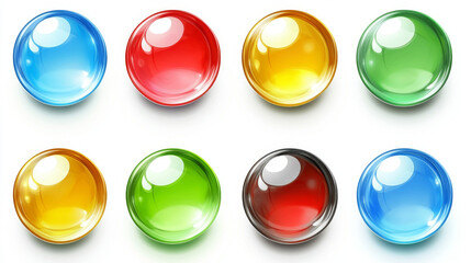 Aufkleber - Glossy circle buttons and 3D round icons. Set of colored glass spheres isolated on a white background, including shiny blue, green, red, and yellow circle web buttons. Vector cartoon illustration.