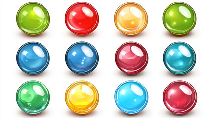 Aufkleber - Glossy circle buttons and 3D round icons. Set of colored glass spheres isolated on a white background, including shiny blue, green, red, and yellow circle web buttons. Vector cartoon illustration.