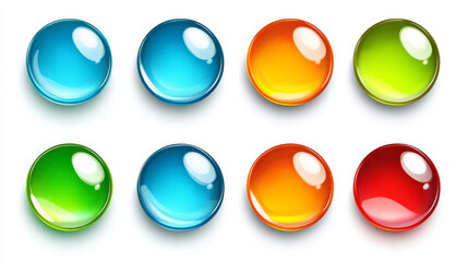 Aufkleber - Glossy circle buttons and 3D round icons. Set of colored glass spheres isolated on a white background, including shiny blue, green, red, and yellow circle web buttons. Vector cartoon illustration.