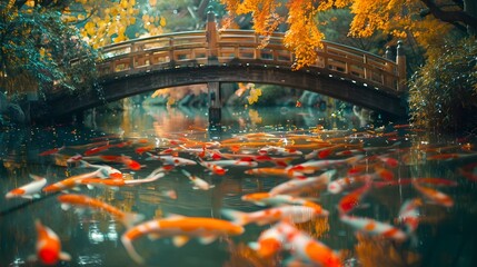 Canvas Print - Koi Fish Swimming Under Ornate Bridge in Lush Autumn Garden with Vibrant Foliage Reflection