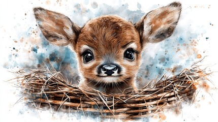 Wall Mural -   Watercolor painting of a baby deer peeking out from a wicker basket filled with hay