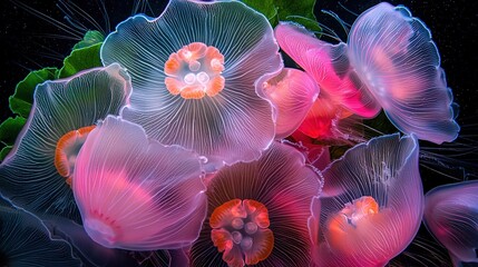 Canvas Print -   Close-up of jellyfish on black background with leafy plant in foreground