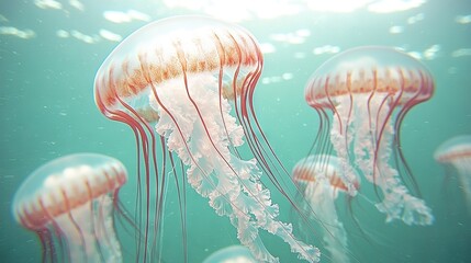 Wall Mural -   A cluster of jellyfish gracefully drifting in azure waters, with golden sunbeams piercing the surface through splashing water droplets