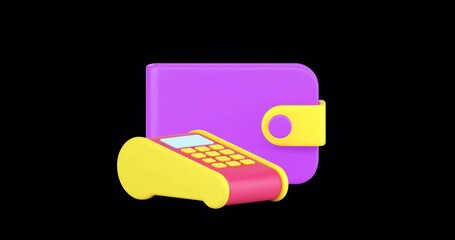 Poster - Shopping POS terminal payment online banking 3d icon animation loop with alpha channel. Financial e money digital transaction buying goods with currency wallet cash transfer