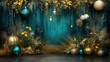 © Sonya - Blue and gold Christmas scene with baubles, flowers, feathers, and gold ornaments
