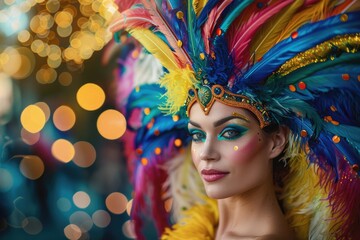 beautiful woman wearing a colorful feather headdress