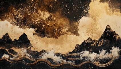 Poster - Sculpted mountain landscape with watercolor brush in Japanese traditional style. Wallpaper with abstract art for covers or prints.