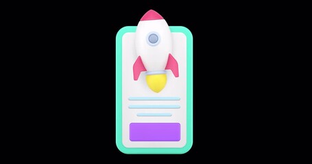 Poster - Speed internet connection smartphone application 3d icon animation loop with alpha channel. Fast online communication digital network test service web site mobile phone with rocket