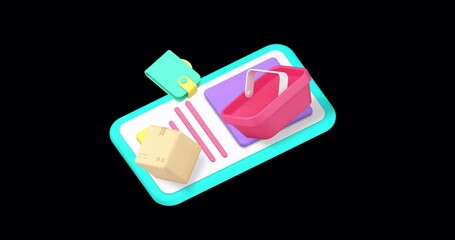 Poster - Online shopping smartphone application order payment delivery 3d icon animation loop with alpha channel. Internet shop store grocery supermarket marketplace service mobile phone app