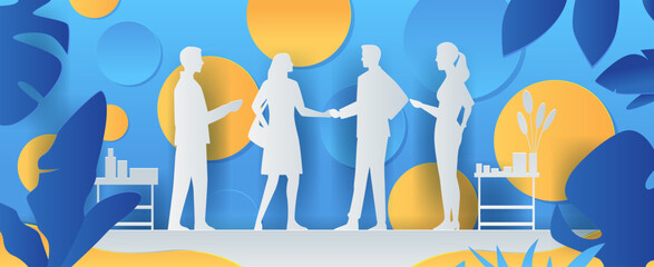 Poster - Business people meeting handshake silhouettes abstract background with blue and yellow circles and leaves office furniture paper cut style