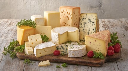 A variety of cheeses on a wooden board with herbs and raspberries.