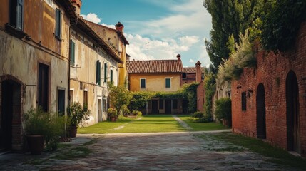 A narrow alleyway with a cobblestone path leading through a lush courtyard between two old brick buildings.