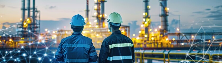 Wall Mural - Industrial Workers Observing Networked Refinery at Dusk