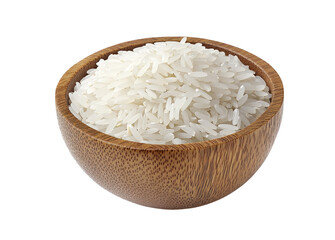 Dry white long rice basmati in wooden bowl isolated on a white background.