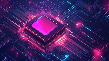 Poster - Futuristic microchip processor illuminated against a blue background. Represents quantum computing, large data processing, and database concepts. Isometric banner of a CPU, central computer processors