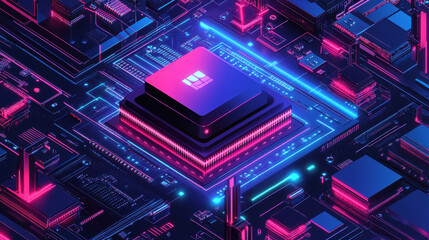Poster - Futuristic microchip processor illuminated against a blue background. Represents quantum computing, large data processing, and database concepts. Isometric banner of a CPU, central computer processors
