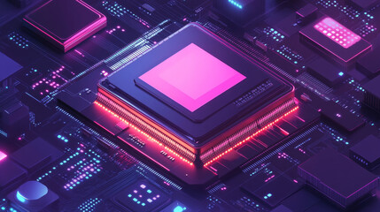 Poster - Futuristic microchip processor illuminated against a blue background. Represents quantum computing, large data processing, and database concepts. Isometric banner of a CPU, central computer processors
