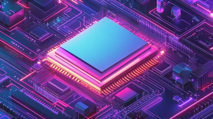 Poster - Futuristic microchip processor illuminated against a blue background. Represents quantum computing, large data processing, and database concepts. Isometric banner of a CPU, central computer processors