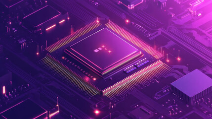 Poster - Futuristic microchip processor illuminated against a blue background. Represents quantum computing, large data processing, and database concepts. Isometric banner of a CPU, central computer processors