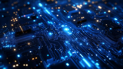 Poster - Quantum computer technologies concept. Futuristic blue circuit board background with modern technology circuit board texture design. Features flowing waves and quantum explosion technology elements.