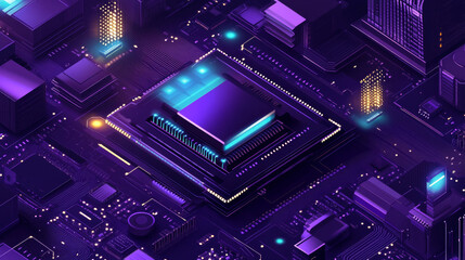 Poster - Futuristic microchip processor illuminated against a blue background. Represents quantum computing, large data processing, and database concepts. Isometric banner of a CPU, central computer processors