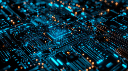 Poster - Quantum computer technologies concept. Futuristic blue circuit board background with modern technology circuit board texture design. Features flowing waves and quantum explosion technology elements.
