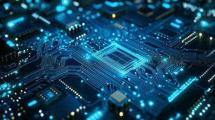 Poster - Quantum computer technologies concept. Futuristic blue circuit board background with modern technology circuit board texture design. Features flowing waves and quantum explosion technology elements.