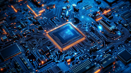 Poster - Quantum computer technologies concept. Futuristic blue circuit board background with modern technology circuit board texture design. Features flowing waves and quantum explosion technology elements.