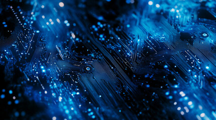 Poster - Quantum computer technologies concept. Futuristic blue circuit board background with modern technology circuit board texture design. Features flowing waves and quantum explosion technology elements.