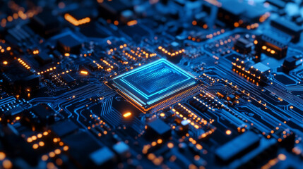 Poster - Quantum computer technologies concept. Futuristic blue circuit board background with modern technology circuit board texture design. Features flowing waves and quantum explosion technology elements.