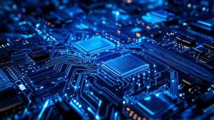 Poster - Quantum computer technologies concept. Futuristic blue circuit board background with modern technology circuit board texture design. Features flowing waves and quantum explosion technology elements.