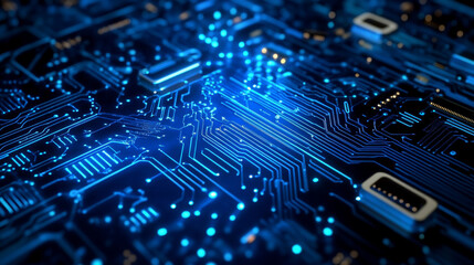 Poster - Quantum computer technologies concept. Futuristic blue circuit board background with modern technology circuit board texture design. Features flowing waves and quantum explosion technology elements.