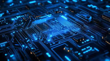 Poster - Quantum computer technologies concept. Futuristic blue circuit board background with modern technology circuit board texture design. Features flowing waves and quantum explosion technology elements.