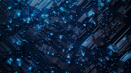Poster - Quantum computer technologies concept. Futuristic blue circuit board background with modern technology circuit board texture design. Features flowing waves and quantum explosion technology elements.
