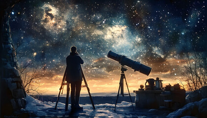 Wall Mural - Astronomer's Solitude: A Starlit Night in Watercolor 