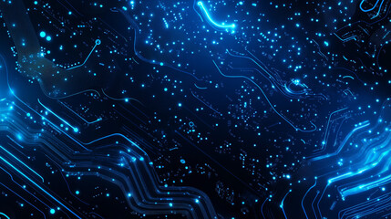Poster - Quantum computer technologies concept. Futuristic blue circuit board background with modern technology circuit board texture design. Features flowing waves and quantum explosion technology elements.