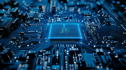 Poster - Quantum computer technologies concept. Futuristic blue circuit board background with modern technology circuit board texture design. Features flowing waves and quantum explosion technology elements.