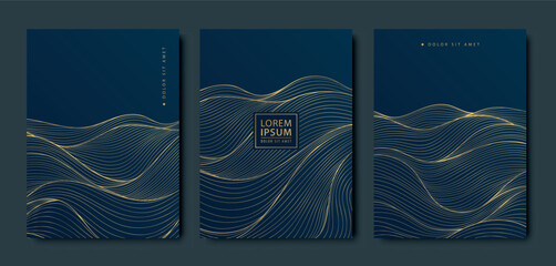 Wall Mural - vector set of wave sea gold on blue posters, oriental asian illustrations, luxury japan style patter
