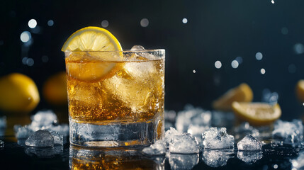 A cocktail with lemon slices and crushed ice, set against a dark background. The drink is presented in a clear glass, with the vibrant yellow of the lemon and the sparkling ice catching the light.