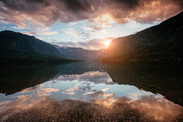 Canvas Print - Fantastic scene of lake Bohinj in Triglav National Park at twilight. Location place Julian Alps, Slovenia, Europe.